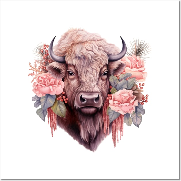 Pink Christmas Bison Wall Art by Chromatic Fusion Studio